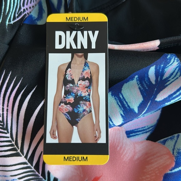 DKNY Floral Halter One-Piece Swimsuit Medium Black Pink Tropical NWT - Picture 5 of 9
